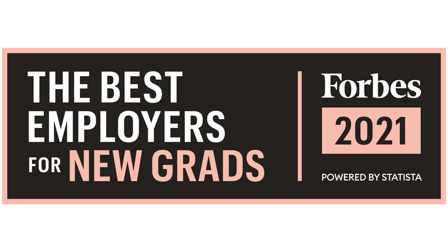 Black rectangle, peach border and text that reads "The Best Employers for New Grads" Forbes 2021 Powered by Statista